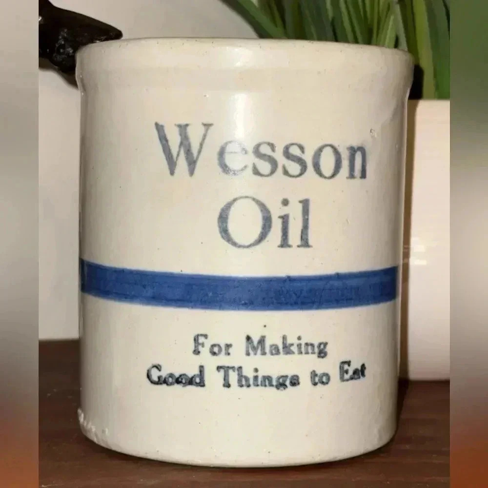 Vintage Wesson Oil crock kitchen utensil storage holder stoneware 20th century